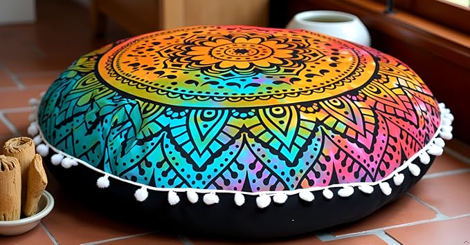 CRAFT KALA Round Mandala Boho Pillow Cover Meditation India Room Seating Poufs Cover for Living Room Yoga Home Décor Bedroom Balcony Garden Decoration Cotton Floor Cushion Cover (32", Multi Flower)