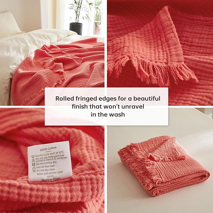 Simple&Opulence Cotton Muslin Throw Blanket 4 Layers for Bed, Couch, Woven Gauze Blanket with Tassels, Soft Lightweight Cozy Pre-Washed Breathable Farmhouse Decoration for All-Season(Coral)