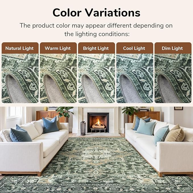Lessymo Washable 8×10 Green Area Rugs for Living Room, Soft Vintage Boho Rug Non-Slip for Bedroom Dining Room Kitchen, Large Distressed Retro Carpet Stain Resistant for Home Indoor Nursery Office