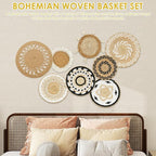 HJJWNDDNG 8 Pack Boho Wall Basket Decor Set, Hanging Woven Seagrass Rattan Wicker Boho Wall Decor, Round Farmhouse Wall Hanging Baskets Rustic Flat Wall Art for Living Room Bedroom Kitchen (Style 8)