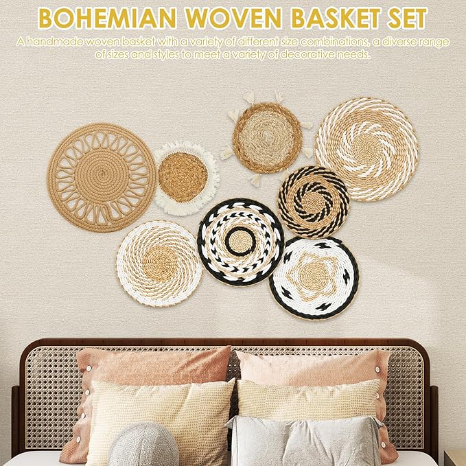 HJJWNDDNG 8 Pack Boho Wall Basket Decor Set, Hanging Woven Seagrass Rattan Wicker Boho Wall Decor, Round Farmhouse Wall Hanging Baskets Rustic Flat Wall Art for Living Room Bedroom Kitchen (Style 8)
