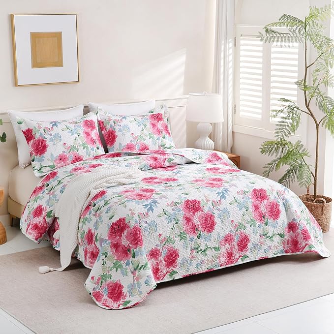 JSD Rose Floral Quilt Set Twin Size, 2 Piece Printed Bedspreads Coverlet with Pillow Sham, Soft Microfiber Quilted Blanket