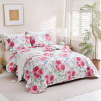 JSD Rose Floral Quilt Set Full King Size, 3 Piece Printed Bedspreads Coverlet with Pillow Sham, Soft Microfiber Quilted Blanket