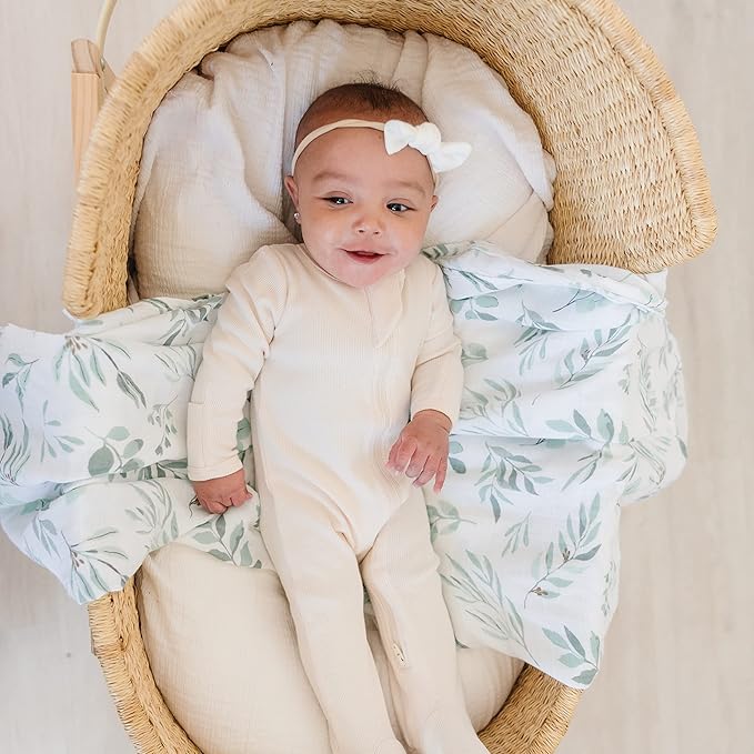 Organic Baby Muslin Swaddle Blankets for Boy or Girl - Eucalyptus Leaves and Sage Swaddling Blanket 2 Pack - Soft Muslin, XLarge and Breathable, Boho Baby, 47" X 47"