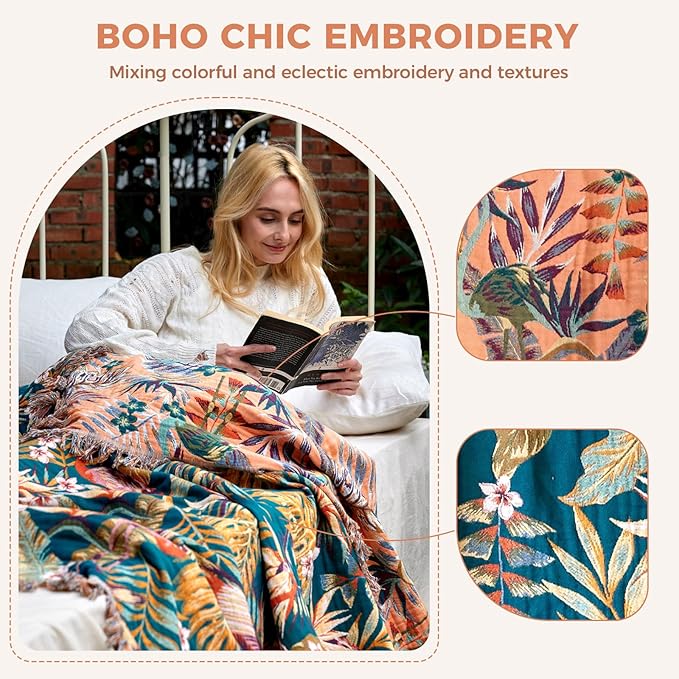Boho Throw Blanket for Couch Sofa Chair Cotton Spring Blankets for Bedroom Living Room All Season Lightweight Reversable Forest Embroidery Throws 50"x60"