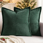 MIULEE Decorative Euro Sham Throw Pillow Covers for Couch Bed Livingroom 26x26 Inch Set of 2 Dark Green Boho Accent Throw Pllows Broadside Striped Patchwork Soft Corduroy Pillowcases