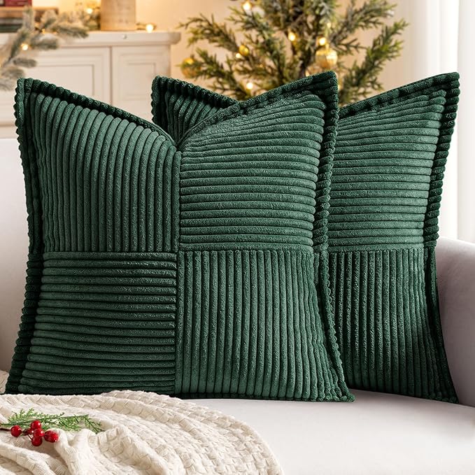 MIULEE Decorative Euro Sham Throw Pillow Covers for Couch Bed Livingroom 26x26 Inch Set of 2 Dark Green Boho Accent Throw Pllows Broadside Striped Patchwork Soft Corduroy Pillowcases