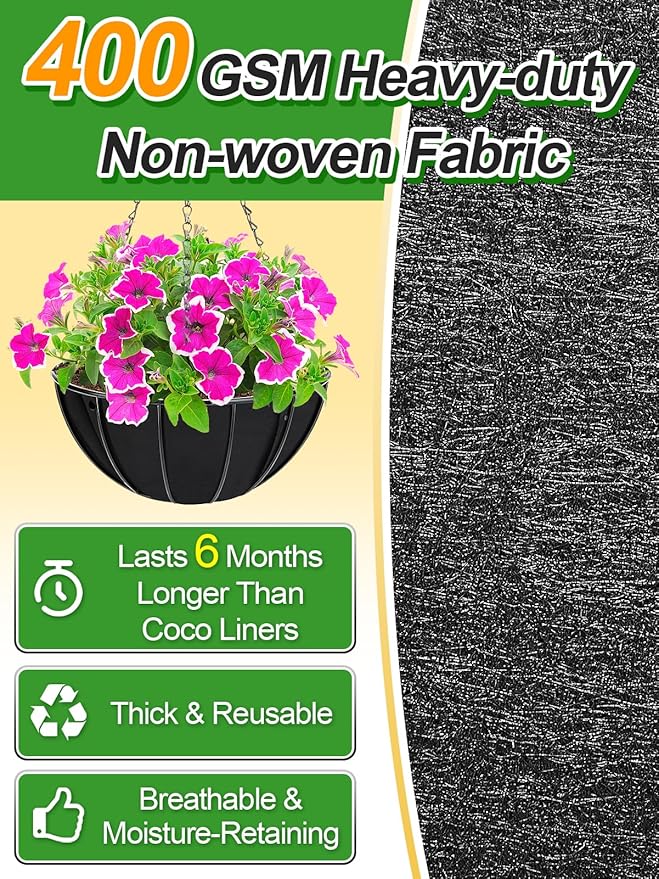 4pcs 16in Thick Felt Hanging Basket Liners - Heavy-Duty 400GSM Non-Woven Fabric Round Planter Liner for Garden Wall Flower Hanging Baskets, Replacement for Coco Fiber Liner