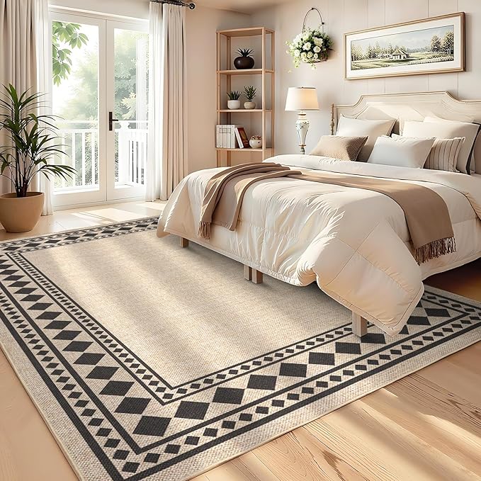 GarveeHome Solid Bordered Easy Jute Rug 5x7 Washable Jute Rugs for Living Room Patio Farmhouse Indoor Outdoor Rug Non Slip Non-Shedding Neutral Rugs for Patio Backyard Dining Room Bedroom, Natural