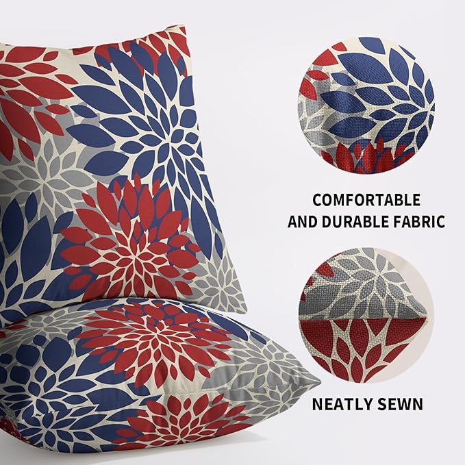 4th of July Blue Red Grey Pillow Covers 24X24 Inch Set of 2, Modern Dahlia Floral Print Decorative Throw Pillow Covers Outdoor Farmhouse Cushion Case for Home Couch Sofa Bed Decoration
