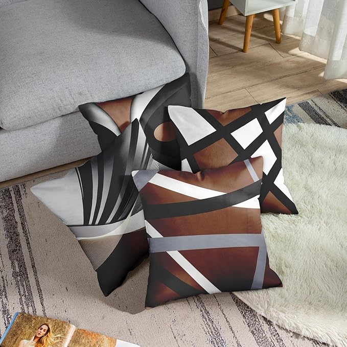 Emvency Set of 4 Brown Throw Pillow Covers Modern Abstract Black Grey White Stripes Acrylic Bold Decorative Pillow Cases Home Decor Square 18x18 Inches Pillowcases