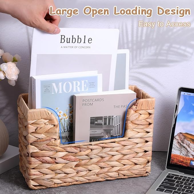Woven Hanging Magazine Holder Water Hyacinth Storage Basket Wall Mounted Wicker Organizer Boho Modern Farmhouse Book Rack with Handle File Newspaper Mail Holder for Home Office