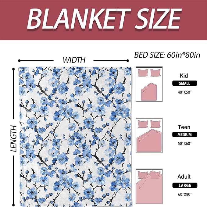 Blue Plum Blossom Blanket 40×50 Inch,Asian Ink Painting Style Lightweight Flannel Throw with Japanese Botanical Flower on White,Oriental Zen Minimalist Art Home Decor,Gifts for Girls,Women