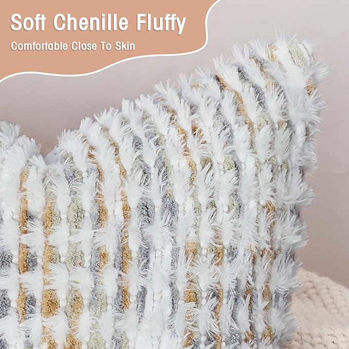 Boho Chenille Tufted Pillow Cover 14x36 Inch Set of 1, Farmhouse Striped Decorative Pillow Covers Accent Fluffy Neutral Long Body Bolster Pillow for Couch Sofa Bedroom Living Room, Gray Khaki