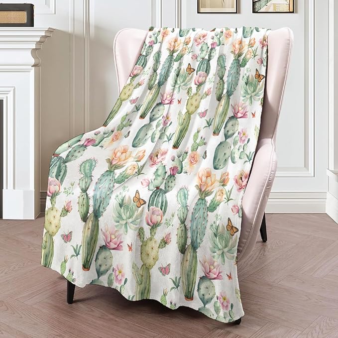 Cactus Floral Blanket 50×60 Inch,Watercolor Succulent and Desert Flower Lightweight Flannel Throw with Butterfly,Boho Botanical Home Decor,Gifts for Girls,Women