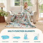 Boho Throw Blanket - 100% Cotton Ultra Soft Muslin Blanket, 60"x80" Lightweight Floral Framhouse Bedding Spring Blanket for Bed, All Season Blue Bohemian Bedroom Home Decor Quilt