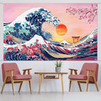 Ocean Wave Tapestry Japanese Kanagawa Backdrop Great Wave Tapestry Cherry Blossom Nature Sunset Background Wall Hanging Banner for Japanese Party Wall Home Decorations, 72.8 x 43.3 Inch