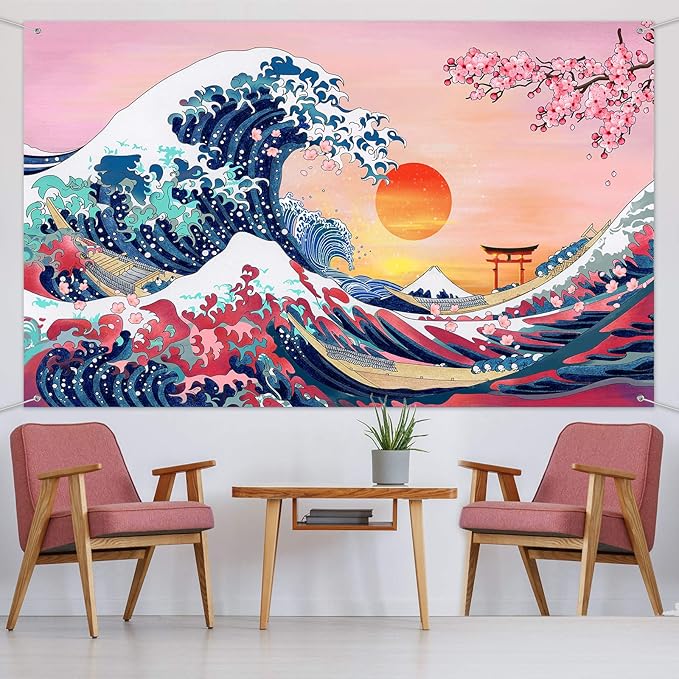 Ocean Wave Tapestry Japanese Kanagawa Backdrop Great Wave Tapestry Cherry Blossom Nature Sunset Background Wall Hanging Banner for Japanese Party Wall Home Decorations, 72.8 x 43.3 Inch