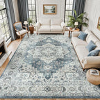 Lessymo Large Area Rugs 9x12 for Living Room, Soft Washable Rug for Bedroom Dining Room Nursery Room Farmhouse, Boho Non Slip Low Plie Carpet Vintage Floral Design, Blue Grey/Beige