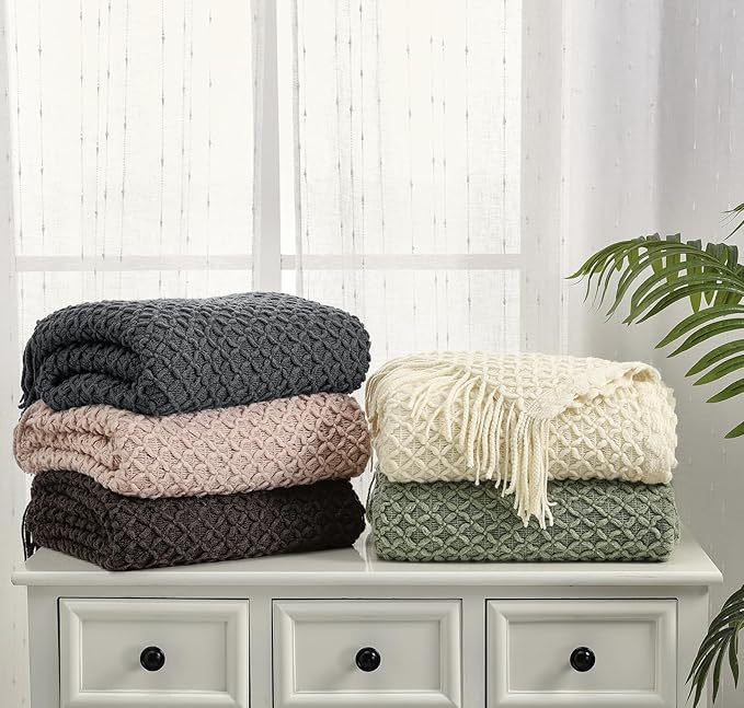 CREVENT Farmhouse Boho Knitted Throw Blanket for Couch Sofa Chair Bed Home Decoration, Soft Warm Cozy Light Weight for Spring Summer Fall (50''X60'' Beige)