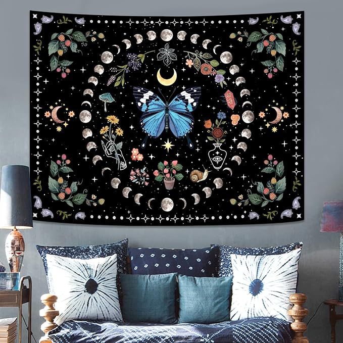 Aipon Blue Butterfly Moon Flower Tapestry Botanical Boho Plant Floral Tapestry for Bedroom Aesthetic Hippie Vintage Tapestries Wall Hanging for Living Room Dorm (68.00" x 90.00", Blue)