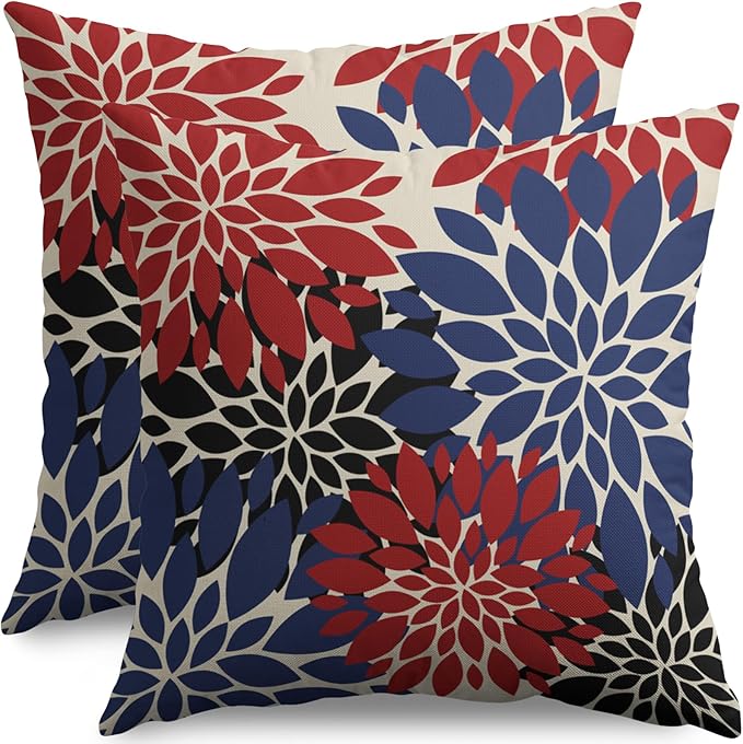 4th of July Pillow Covers 18X18 Inch Set of 2, Blue Red Black Modern Dahlia Floral Print Holiday Decorative Throw Pillow Covers Outdoor Farmhouse Cushion Case for Couch Sofa Bed Decor