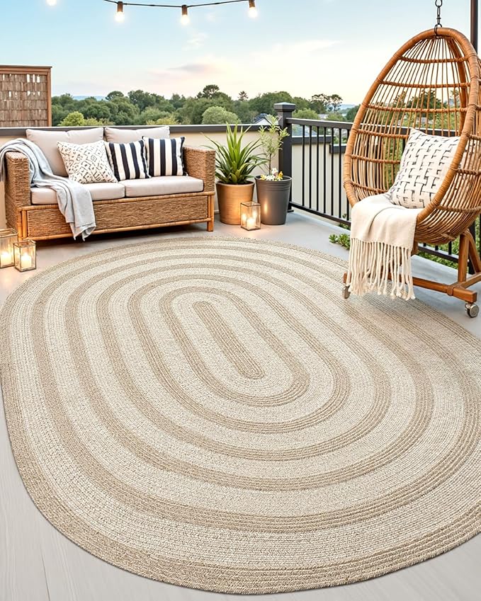 DEXI Jute Area Rug Natural Fiber 8x10 Oval, Woven Braided Durable Farmhouse Design Rugs for Living Room, Bedroom Dinning Room Office Outdoor Patio Beige