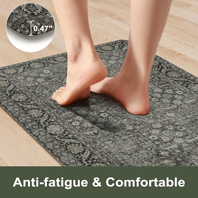 KIMODE Anti Fatigue Kitchen Mats 20"x59"+20"x32", Boho Vintage Kitchen Floor Mats Non Slip, Waterproof Kitchen Mat for Floor, Farmhouse Comfort Standing Mat for Laundry Office Sink Desk Green/Grey