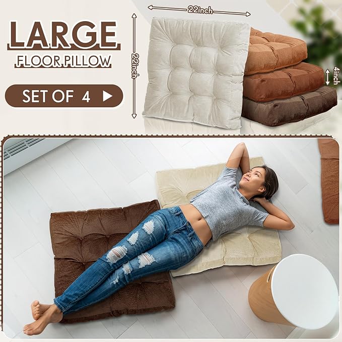 Jerify Floor Pillow Cushions Large Round Square Large Meditation Floor Pillow for Classroom Adult Meditation Picnic Party Seating Learning Daycare School(Square,Brown,4 Pcs)
