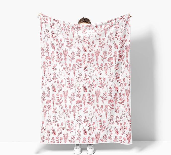 Floral Fuzzy Blanket Red Floral Throw Blanket, Botanical Flowers Blankets, Soft, Flannel, Warm, Boho Flowers Bed Blankets All Season for Couch Bedroom Living Room 60X90 Inch