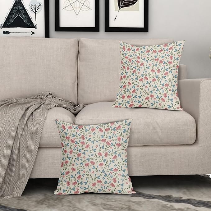 Green Pink Blue Floral Pillow Covers 22x22 Set of 2 Vintage Rustic Old Style Cute Small Flower Print Decorative Outdoor Pillowcases Farmhouse Throw Cushion Case Decor for Couch Sofa Bed