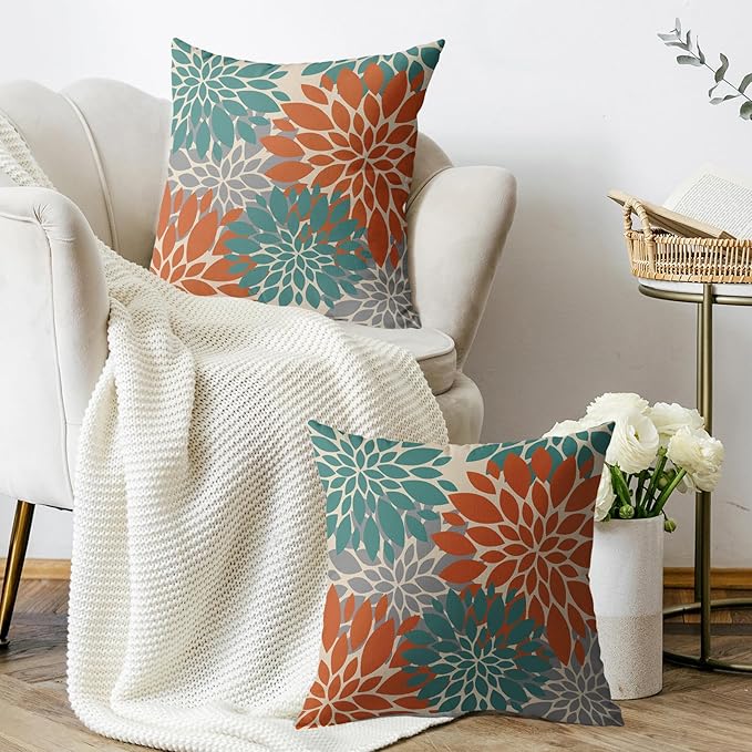 Teal Orange Gray Grey Pillow Covers 20X20 Inch Set of 2, Spring Modern Geometry Dahlia Floral Print Decorative Throw Pillow Covers Outdoor Farmhouse Cushion Case for Couch Sofa Bed Decor
