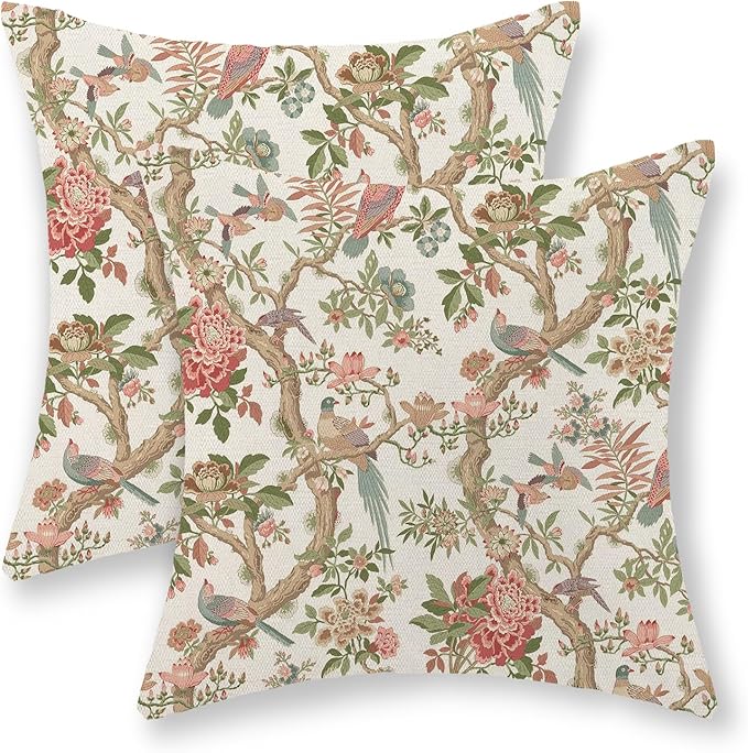 Chinoiserie Pillow Covers 16x16 Set of 2 Pink Green Bird Floral Throw Pillows Vintage Pink Flower Bird Decorative Pillow Cases Outdoor Chinoiserie Decor Farmhouse Cushion Case for Couch Sofa