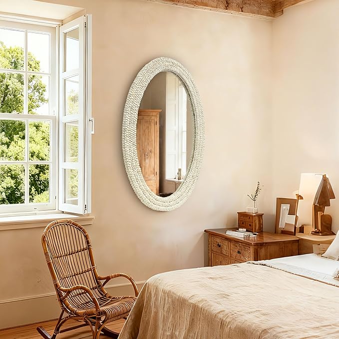 26" x 39" Oval Wall Mirror, Handwoven Natural Corn Husk Fiber with Light Whitewashed Finish, Boho Coastal Style for Entryway, Bedroom, Living Room, Vertical & Horizontal Hanging