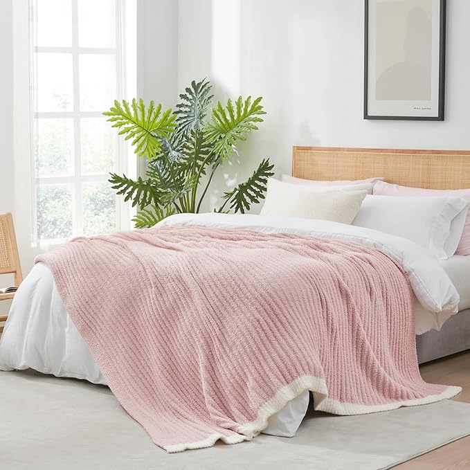 Snuggle Sac Pink Ribbed Queen Size Blanket for Bed, Soft Luxurious Bedding Blankets, Large Fuzzy Plush Microfiber Blankets Pink, 90x90 inches
