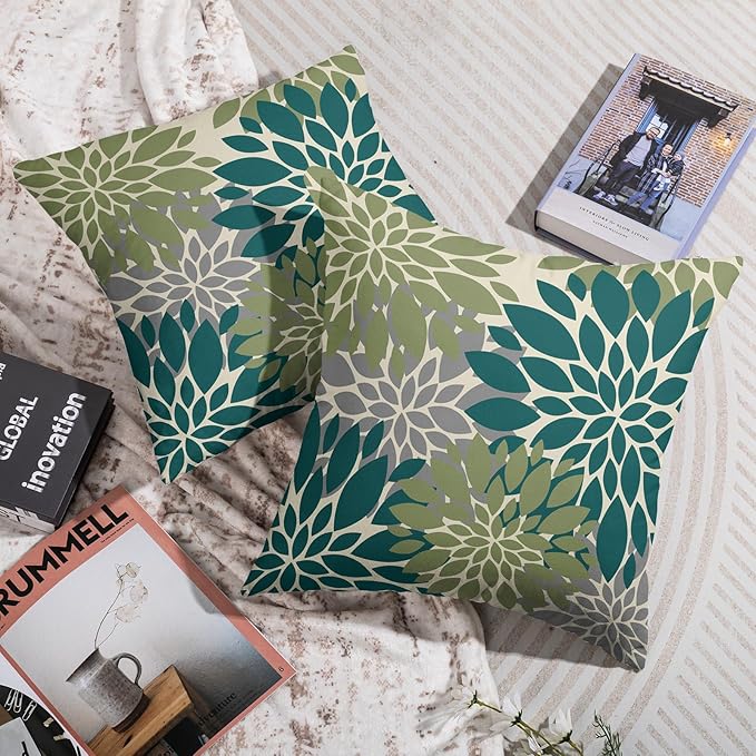 Teal Green Grey Gray Pillow Covers 20X20 Inch Set of 2, Spring Modern Geometry Dahlia Floral Print Decorative Throw Pillow Covers Outdoor Farmhouse Cushion Case for Couch Sofa Bed Decor