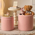 Round Ottoman with Storage Set of 2 - Upholstered Sherpa Vanity Stool for Makeup Multifunctional Ottomans Coffee Table Padded Seat Foot Rest for Living Room & Bedroom (Sherpa Pink)