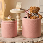 Round Ottoman with Storage Set of 2 - Upholstered Sherpa Vanity Stool for Makeup Multifunctional Ottomans Coffee Table Padded Seat Foot Rest for Living Room & Bedroom (Sherpa Pink)