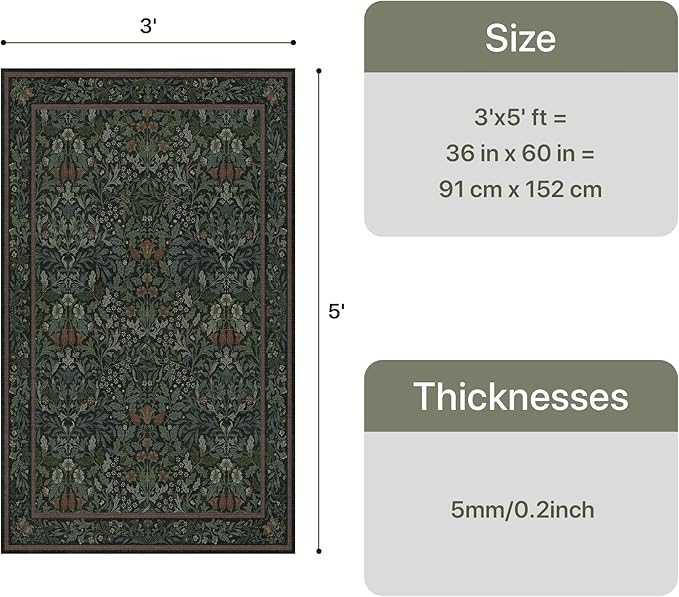 GENIMO Washable 3x5 Area Rug, Soft Vintage Floral Boho Carpet, Low-Pile Non-Slip Rug for Living Room, Bedroom, Dining Room, Nursery, Dark Green