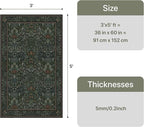 GENIMO Washable 3x5 Area Rug, Soft Vintage Floral Boho Carpet, Low-Pile Non-Slip Rug for Living Room, Bedroom, Dining Room, Nursery, Dark Green