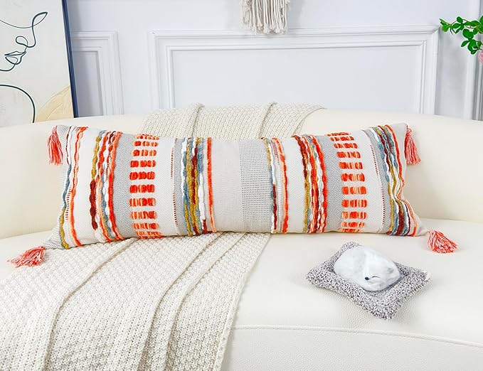 Chenille and Cotton Long Pillow for Bed, Striped Textured Boho Lumbar Throw Pillow Cover 16x36, Neutral Accent Decorative Extra Long Body Pillow Case for Couch, Sofa, Bedroom, Red