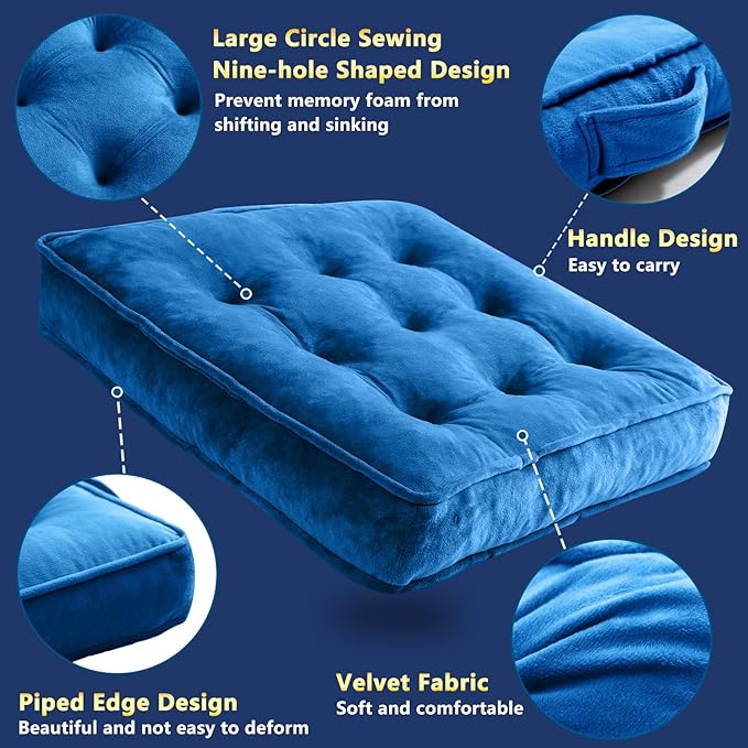 Floor Pillow Set of 2, Memory Foam Meditation Cushion, Floor Cushions for Adults Sitting, Large Square Seat Cushions for Yoga, Couch, Sofa, Kids, Living Room, 22x22 Inch (Navy Blue)