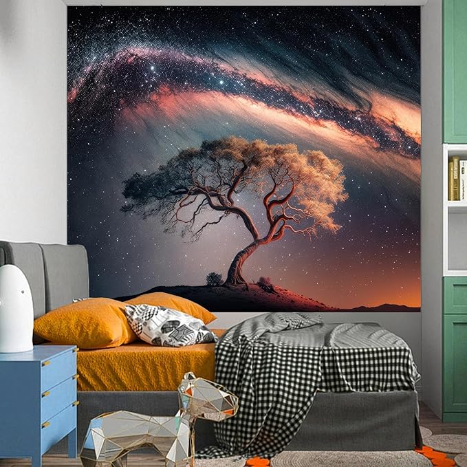 Space Galaxy Tree of Life Tapestry for Bedroom Aesthetics, Black Starry Sky Night Star Posters Tapestries, Nature Landscape Blackdrop Wall Hanging for Men Dorm Living Room Decor 51 X 60 Inches
