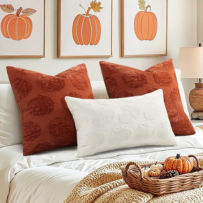 decorUhome Decorative Two Cream White Pumpkins Thanksgiving Throw Pillow Covers 18x18 Set of 2, Soft Chenille Jacquard Farmhouse Textured Pillow Covers for Couch Sofa Autumn Harvest Halloween Holiday