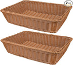 Yarlung 2 Pack Woven Bread Basket, Plastic Wicker Fruit Baskets 15.7 x 11.4 Inch, Imitation Rattan Food Serving Trays for Vegetables, Kitchen, Restaurant, Outdoor, Brown