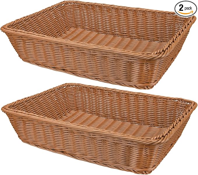 Yarlung 2 Pack Woven Bread Basket, Plastic Wicker Fruit Baskets 15.7 x 11.4 Inch, Imitation Rattan Food Serving Trays for Vegetables, Kitchen, Restaurant, Outdoor, Brown