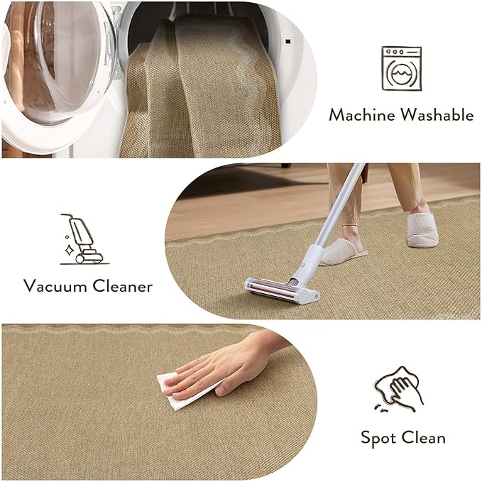 LIVEBOX Scalloped Washable 3x5 Outdoor Rug, Easy Jute Geometric Tan Rug for Entryway, Indoor Non Slip Patio Rugs Farmhouse Carpet Area Rug for Bedroom Living Room Kitchen Bathroom Front Door Mat Porch