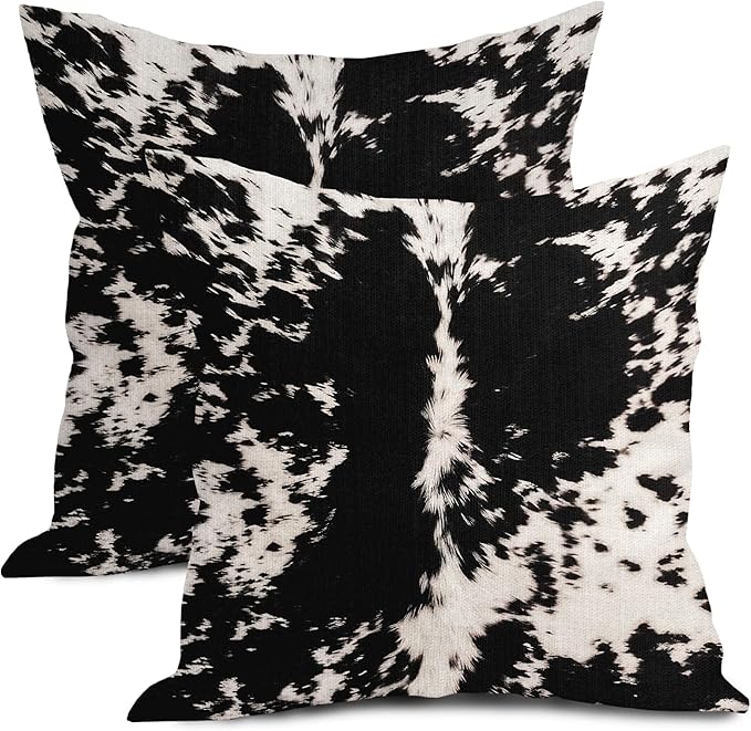 Cowhide Print Pillow Covers 16X16 Inch Black White Cow Spots Decorative Square Pillow Cases Set of 2 Farmhouse Western Home Decor Cotton Linen Throw Pillows For Bedroom Sofa Couch Porch Outdoor