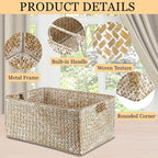 Hipiwe Seagrass Storage Basket Bin Rectangular Handwoven Wicker Storage Box with Handle Opened Baskets Box for Shelf Organizing Closet Bathroom, 15.7" L x 11.8" W x 7.5" H