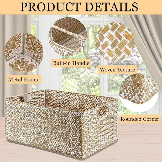 Hipiwe Seagrass Storage Basket Bin Rectangular Handwoven Wicker Storage Box with Handle Opened Baskets Box for Shelf Organizing Closet Bathroom, 15.7" L x 11.8" W x 7.5" H